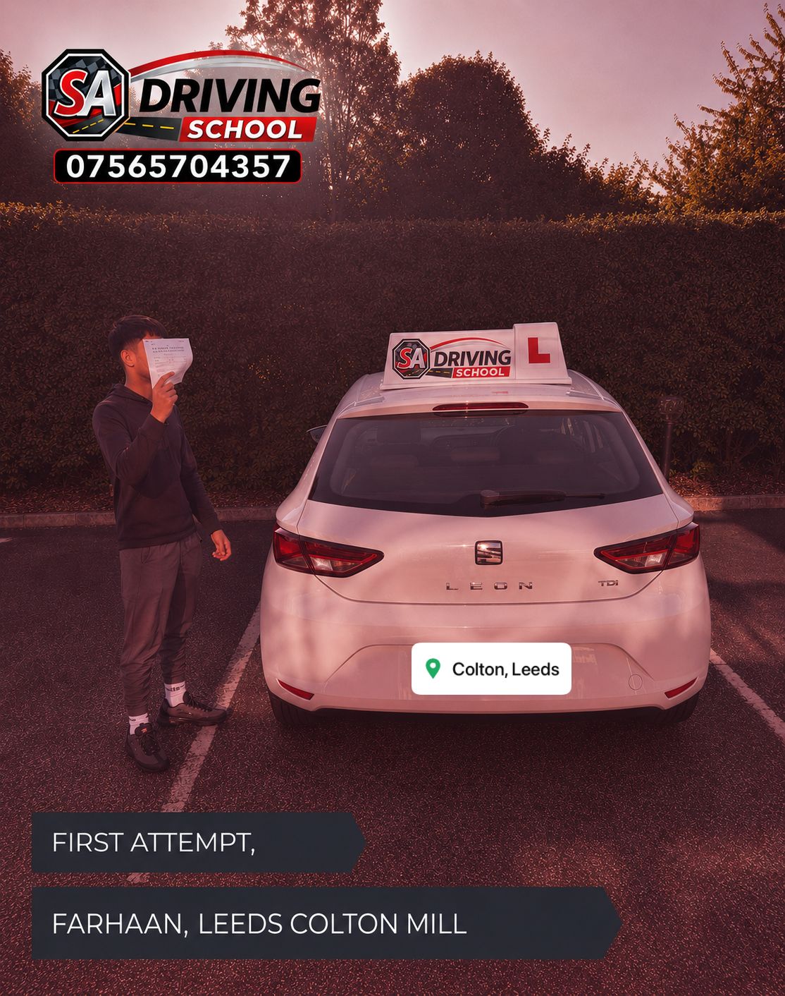 Driving student passing test in Leeds